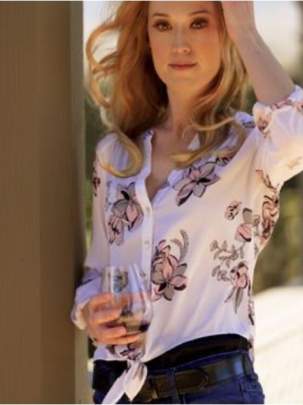 Candie's White Button-Front Floral Tie-Hem Blouse with Pink Blossoms